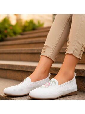 Retro Floral Embroidered Knit Slip-On Loafers Round Toe Shoes Ballet Flats